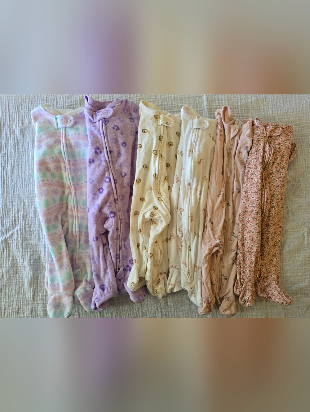 Baby Footed Pajama Bundle Of 6- Pastel Pink, Purple, Cream Size 0-3 Months